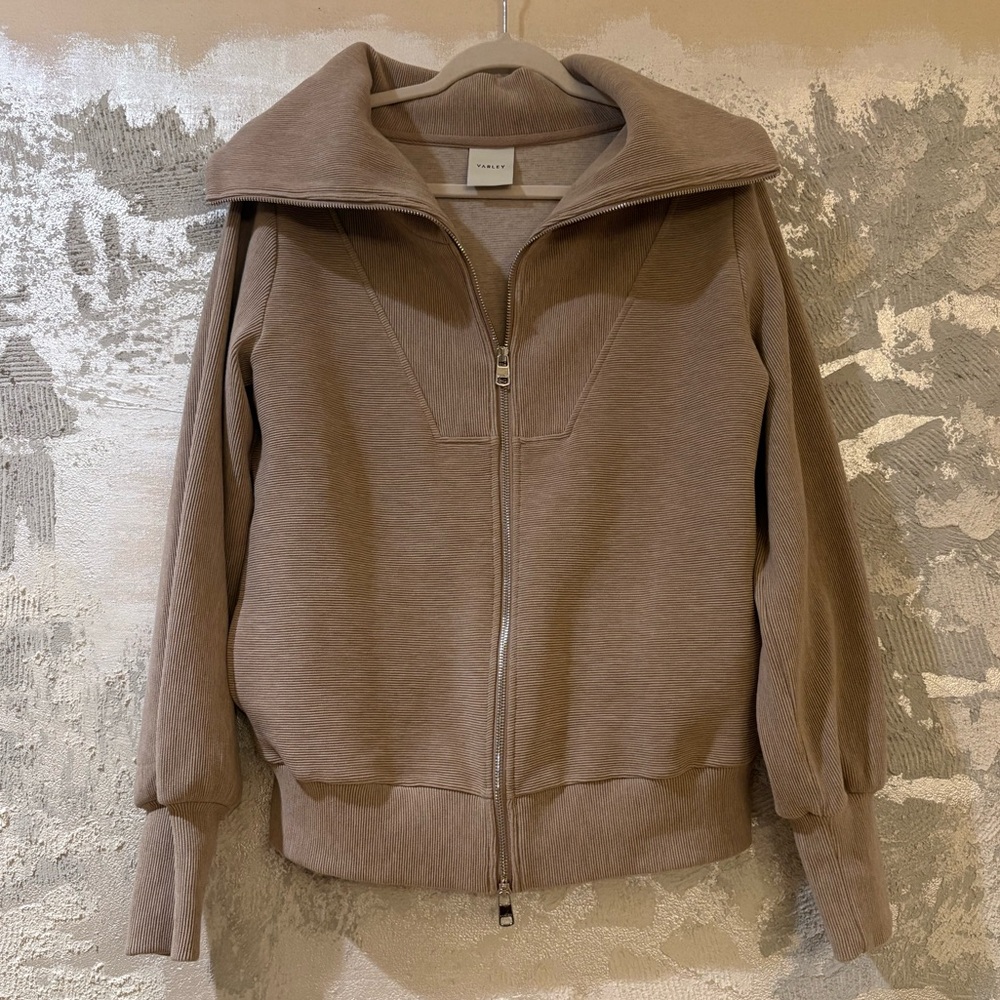 Varley Taupe Zip-Up Funnel Collar Sweater